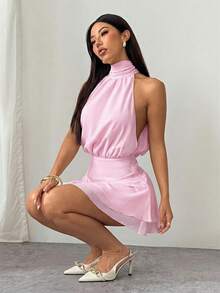SHEIN PETITE 女士性感优雅露背雪纺褶皱腰身连衣裙 - 粉色 - 查看 7