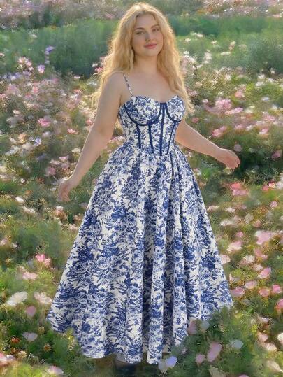 SHEIN MOD Plus SizeFloral Print Bustier Cami Blue And White Contrast Striped Waist Corset Structure Dress,Vacation Outfits Woman,Summer Dress,Country Outfits,Beach Vacation Wear,Summer Dress,Easter Dress Women,Summer Dresses For Women,Tea Party Dress,Beach Dress Sundress,Holiday Outfits Boho