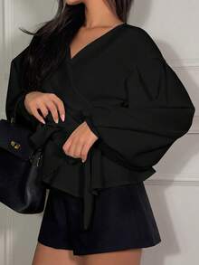 Ronhire Lantern Sleeve Surplice Belted Peplum Off The Shoulder Blouse - Black - View 5