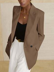 Aveloria Modichic Women's Business Style Solid Color Double-Breasted Blazer Jacket For Commuting, Autumn  - Coffee Brown - View 3