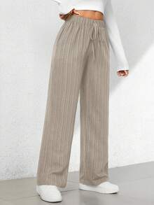 SHEIN PETITE Quần lửng ống rộng chất liệu có họa tiết, kiểu dáng thường ngày, thích hợp cho mùa hè. - Màu Khaki - Xem 7