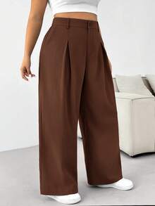 Solflare Plus Size Solid Color Button Casual Wide Leg Pants, Suitable For Graduation, Back To School, Teacher Outfits For Women, Rust Brown - Rust Brown - View 1