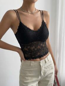 FRIFUL Women's Lace Patchwork Sexy Versatile Date Night Camisole Top Summer - Black - View 9