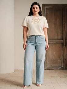 Anewsta Plus Size Women's White T-Shirt, Elegant Curve Summer Party Date Night Resort Embroidered Rose Short Puff Sleeve T-Shirt, Daily Wear, Vacation - Apricot - View 4