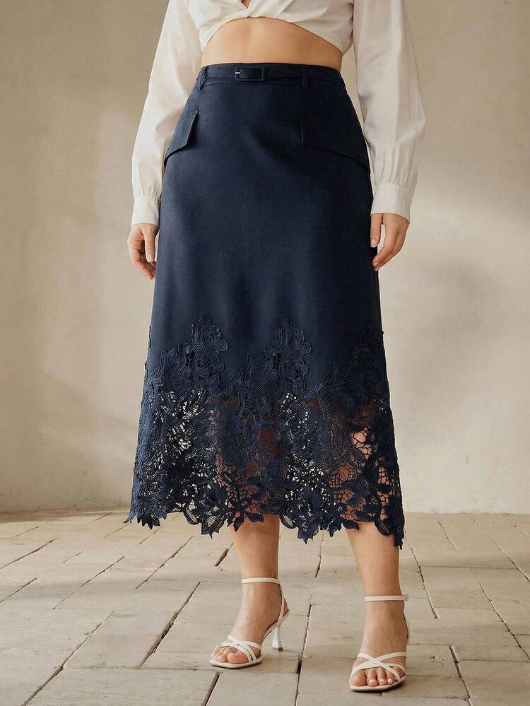 Falda A-Line de tela tejida con parches de encaje, sólida y con cinturón, elegante y de talla grande para mujer, para primavera/verano de Anewsta