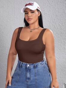 SHEIN EZwear Plus Size Sleeveless Solid Color Bodysuit, Summer - Chocolate Brown - View 6