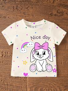 SHEIN GraphicGems 1 Set Baby Girls Lovely Rabbit Ear Leopard Print Heart Graphic Tee And Knit Shorts Cute Outfit, Cartoon Bunny Print T-Shirt Set, Spring To Summer, Summer Outfits, Easter Outfit - Multicolor - View 6