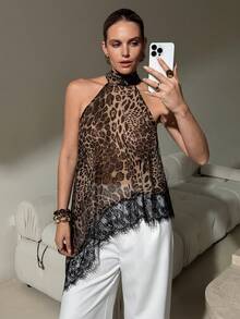 Lavishia Women's Leopard Print Lace Splice Sexy Versatile Date Night Blouse - Multicolor - View 5