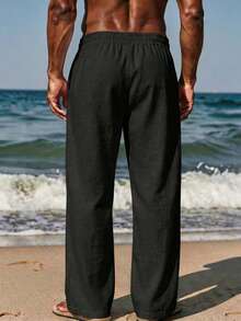 VIVINTIMO Pantalones casuales sueltos de pierna ancha con cordón y bolsillos para hombre - Negro - Ver 2