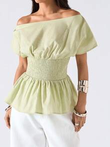 LYSMO 女士夏季休闲纯色不对称领收腰衬衫 - 綠色 - 查看 4