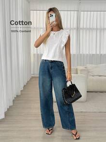 Easowa Áo sơ mi cài cúc viền ren phối bèo nhún 100% cotton, kiểu dáng rộng rãi, thanh lịch, thích hợp đi làm hoặc đi nghỉ mát cho nữ, áo kiểu nữ mùa xuân/hè, áo ngắn tay nữ, áo nữ mùa hè, áo cotton nữ, áo phong cách Cottagecore, áo cao cấp cho nữ, áo kiểu nữ hiện đại, áo mới nhất cho nữ, áo mùa hè thường ngày, trang phục mùa hè thường ngày cho nữ, áo mùa hè thường ngày cho nữ. - trắng - Xem 5
