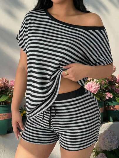GalTyme Plus Size Women's Spring/Summer Striped Asymmetric Collar T-Shirt And Shorts 2-Piece Set