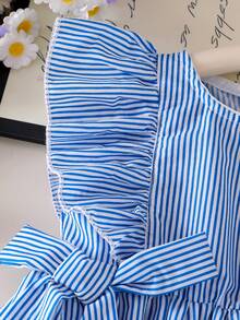 女婴蓝白条纹无袖收腰连衣裙，裙摆饰有刺绣，时尚高端工艺夏季连衣裙 - 藍色 - 查看 5