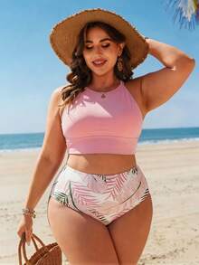 Swim Lushoire Plus Size Women 2pcs Random Print Tankini Swimsuit With Tummy Control, Beach Holiday - Baby Pink - View 5