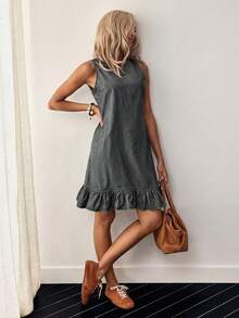 EMERY ROSE Women's Round Neck Sleeveless Casual Denim Dress With Ruffle Hem And Button Back Design - Grey - View 3