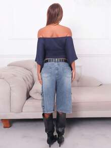 Hariany Almeida Vintage Off-Shoulder Solid Color Ruched Waist Long Sleeve T-Shirt - Royal Blue - View 3