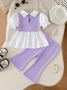 SHEIN Playful Pals Bộ đồ 2 mảnh cho bé gái, được làm từ chất liệu cao cấp và họa tiết chấm bi ngộ nghĩnh, mang đến phong cách tối giản thời trang. Áo tay phồng cổ bèo kết hợp với quần ống loe. Thích hợp cho các hoạt động ngoài trời, mặc nhà thoải mái, thể thao và các bữa tiệc sang trọng, giúp công chúa nhỏ của bạn tỏa sáng trong mọi dịp. - Màu tím - Xem 3
