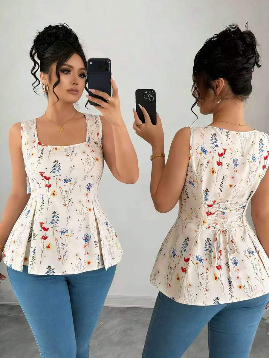 Elenzga Áo kiểu nữ cỡ lớn thanh lịch, lãng mạn, họa tiết hoa nhí, thắt eo, thích hợp mặc thường ngày, trang phục nữ thường ngày, áo nữ mùa hè, áo nữ cho mùa hè, áo nữ. - Nhiều màu - Xem 1