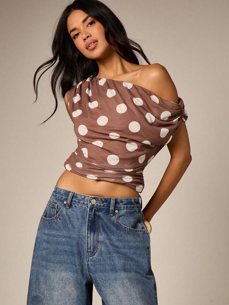Polka Dot One Shoulder Mesh Top