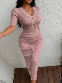 DAZY Women's Elegant Solid Color V-Neck Button Faux Pocket Knit Sweater Dress, Spring/Summer,Wedding Guest Dress Women - Pink - View 6