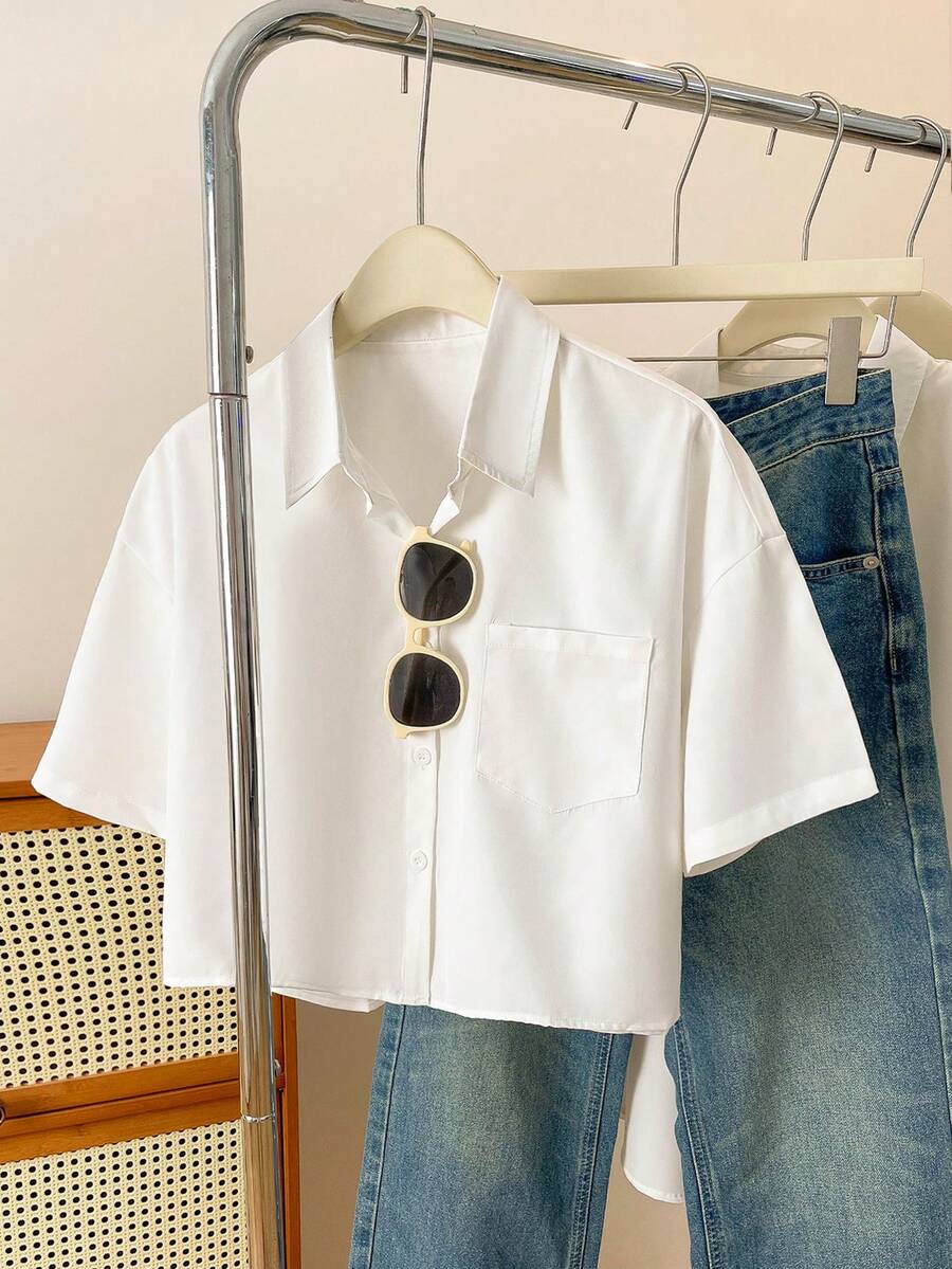 Resyla Camisa corta de unicolor casual de talla grande para verano - Blanco - Ver 1