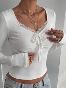 FRIFUL Women's Solid Color Lace Twist Design Ruched Casual Versatile Commute Long Sleeve T-Shirt - White - View 10
