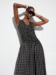 Aveloria GENKIRA Black And White Checkered Summer Chic Everyday Women's Plaid Maxi Dress V-Neck Sleeveless Ruched Tie-Front A-Line Smocked Waist Retro Zanzea Dress - Black - View 7