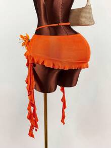 Amplova 2026 Low Waist 3D Floral Asymmetrical Hem Mini Skirt - Orange - View 9