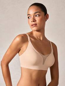 女士无缝无钢圈透气可调节网眼文胸，秋季 - 卡其色 - 查看 10