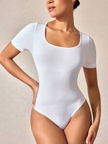 Veilyse 1pc Women Solid Color Shapewear Bodysuit, Tummy Control Slimming Jumpsuitfor Summer - White - View 5