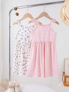 SHEIN Genkimix Kids 2件組少女花卉印花荷葉袖A字鬆緊腰洋裝，休閒日常、海灘、度假、夏季適用 - 淺粉色 - 查看 5