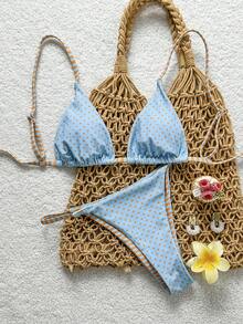Swim Mod 女士两件式双面条纹波点印花休闲泳衣套装，女士泳装，女士两件式比基尼套装，女士比基尼，女士沙滩装，女士泳装套装 - 淺藍色 - 查看 3