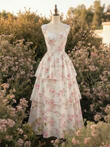 Vintamour Women's Elegant White And Pink Ditsy Floral Maxi Dress,Cottage Core Heart Neck Ruffle Hem Camisole,Summer Holiday Tea Party Vacation Wedding Guest - Multicolor - View 2