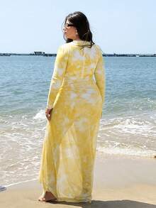 Swim Shayni 大码女士印花长袖连体泳衣，配同款罩衫和半身裙，度假装 - 彩色 - 查看 3