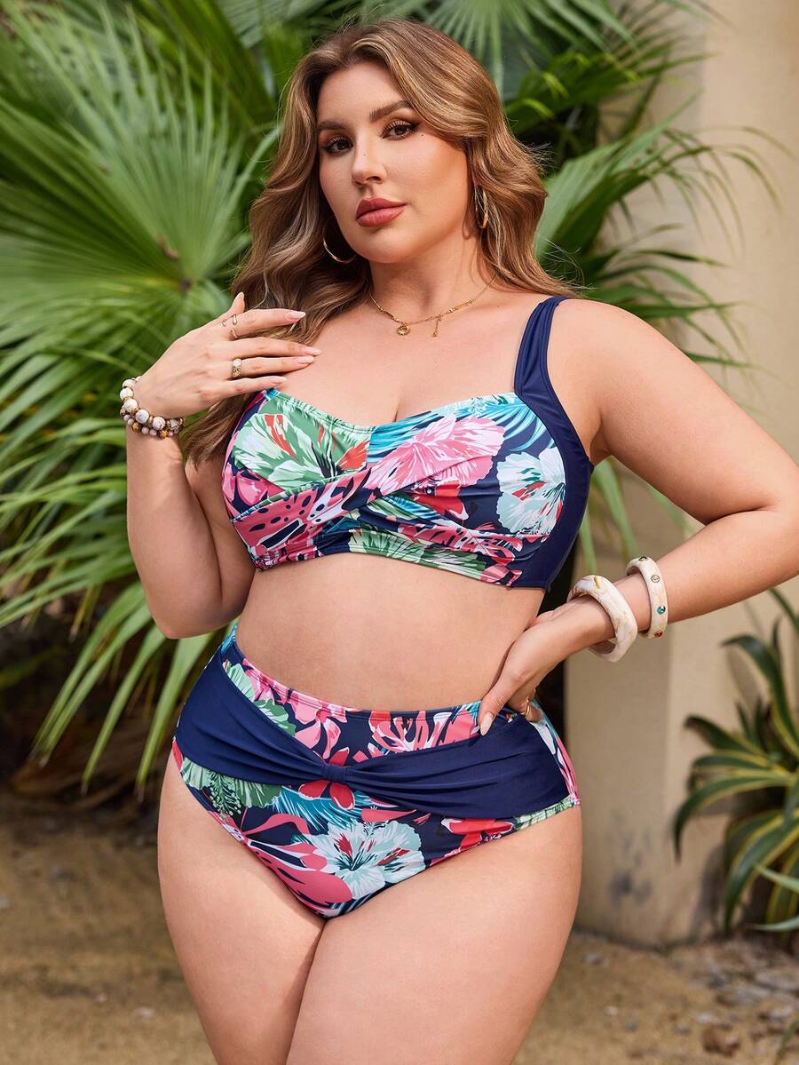 Swim Lushoire 大码印花交叉裹身夏季比基尼套装 - 彩色 - 查看 1