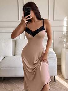 SHEIN Gaun Tidur Panjang Wanita Lembut & Nyaman dengan Hiasan Renda - Khaki - View 6