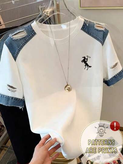 Resyla Authentic Embroidered, Fashionable Denim Effect Round Neck Women T-Shirt, Suitable For Daily And Formal Occasions