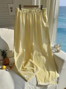Comfortcana Quần ống đứng dáng suông, màu trơn, cỡ lớn, cạp chun, kiểu dáng thường ngày, đa năng. - Màu vàng - Xem 3