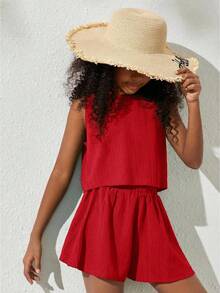 SHEIN Tween Girls' Casual Sleeveless Woven Top And Loose Shorts Set - Red - View 3