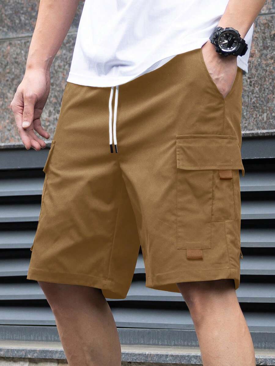 Manfinity Homme Men's Casual Solid Color Cargo Shorts, Summer - Khaki - View 1