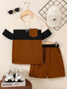 Vacaura 男童休闲撞色圆领T恤套装（2件装），舒适时尚，适合日常、上学、运动穿着。 - 咖啡棕 - 查看 3