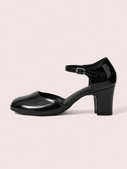 CUCCOO DOLLMOD Women's Shoes Round Head Black Patent Leather Mary Jane Thick Heel With Hollow Cute Wind College Wear Sweet High Heel Single Shoes