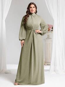 Coutiva Plus Size Solid Color Minimalist Long Sleeve Evening Gown (Embellished) - Army Green - View 5