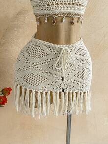 Soleia 度假风串珠贝壳流苏下摆低腰斜摆毛衣两件套，波西米亚风，度假风，秋季女装，复古风，假日风 - 米色 - 查看 4