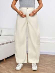 SHEIN 孕妇休闲百搭日常穿搭阔腿牛仔裤 - 卡其色 - 查看 1