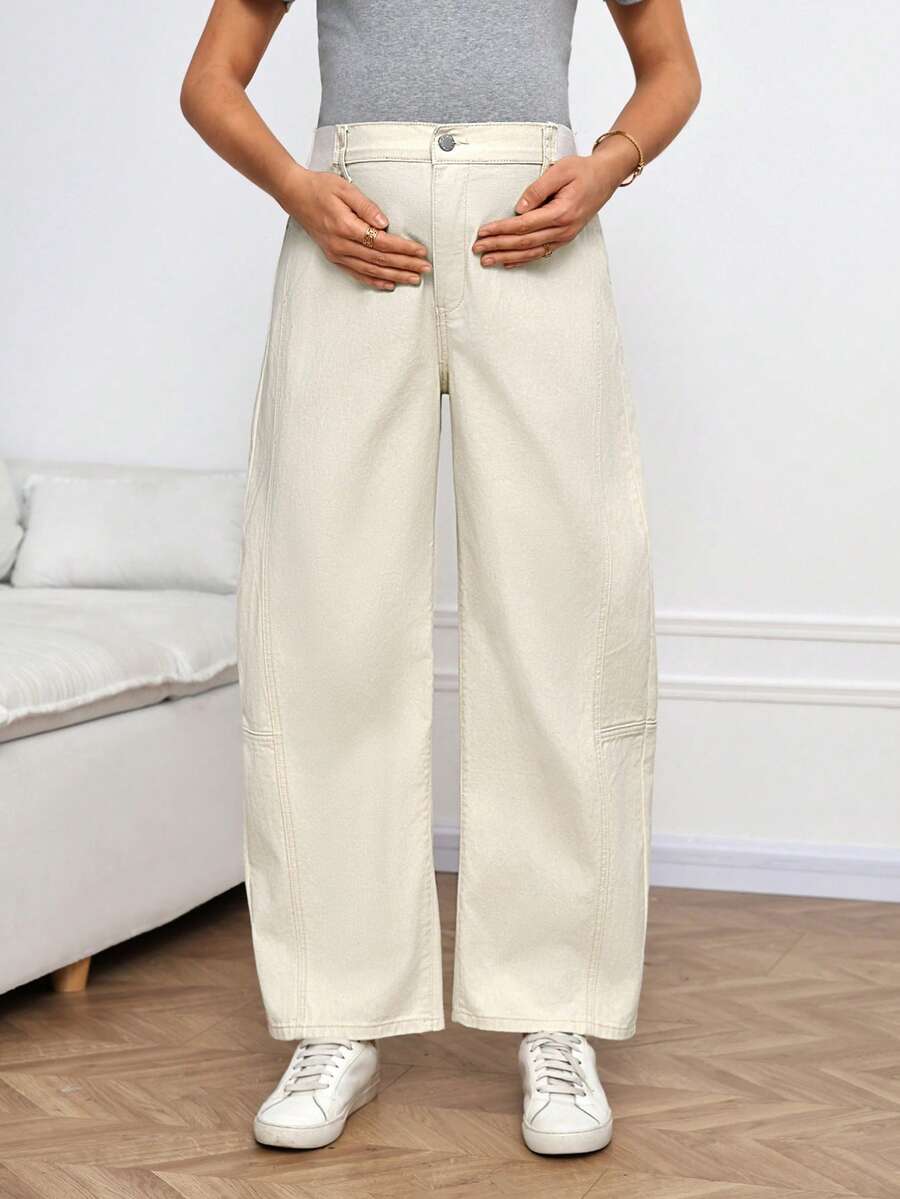 SHEIN 孕妇休闲百搭日常穿搭阔腿牛仔裤 - 卡其色 - 查看 1