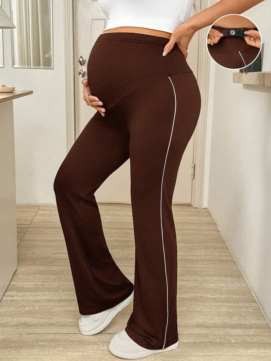 SHEIN 孕妇高腰修身休闲舒适透气可调节裤 - 咖啡棕 - 查看 1