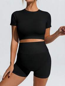 SHEIN Pregnant Women's Solid Color Round Neck Cropped Sports Short Sleeve T-Shirt And Shorts Set, Summer,Word Cup - Black - View 4
