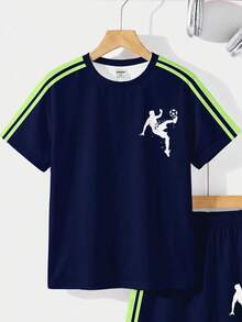 Tween Boys' Casual Sports Style Football Pattern Colorblock Short Sleeve T-Shirt And Shorts 2-Piece Set, Street Style Suitable For Summer - Multicolor - View 4