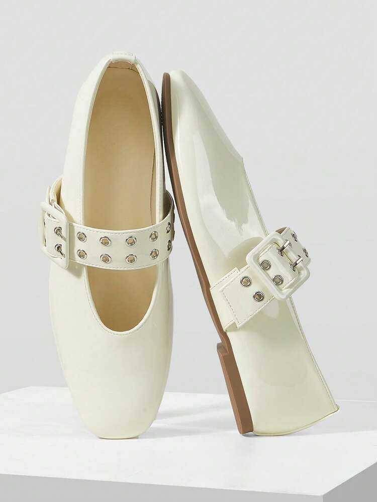 WOMEN SHOES NEW FRENCH RETRO FASHION BEIGE PU LEATHER DOUBLE-BREASTED RIVET BUCKLE SQUARE TOE FLAT-SOLED SHOES, COMFORTABLE AND VERSATILE, LIGHTWEIGHT AND NOT TIRED FEET, SIMPLE ATMOSPHERE, CASUAL AND HIGH-END FOREIGN MARY JANE SHOES